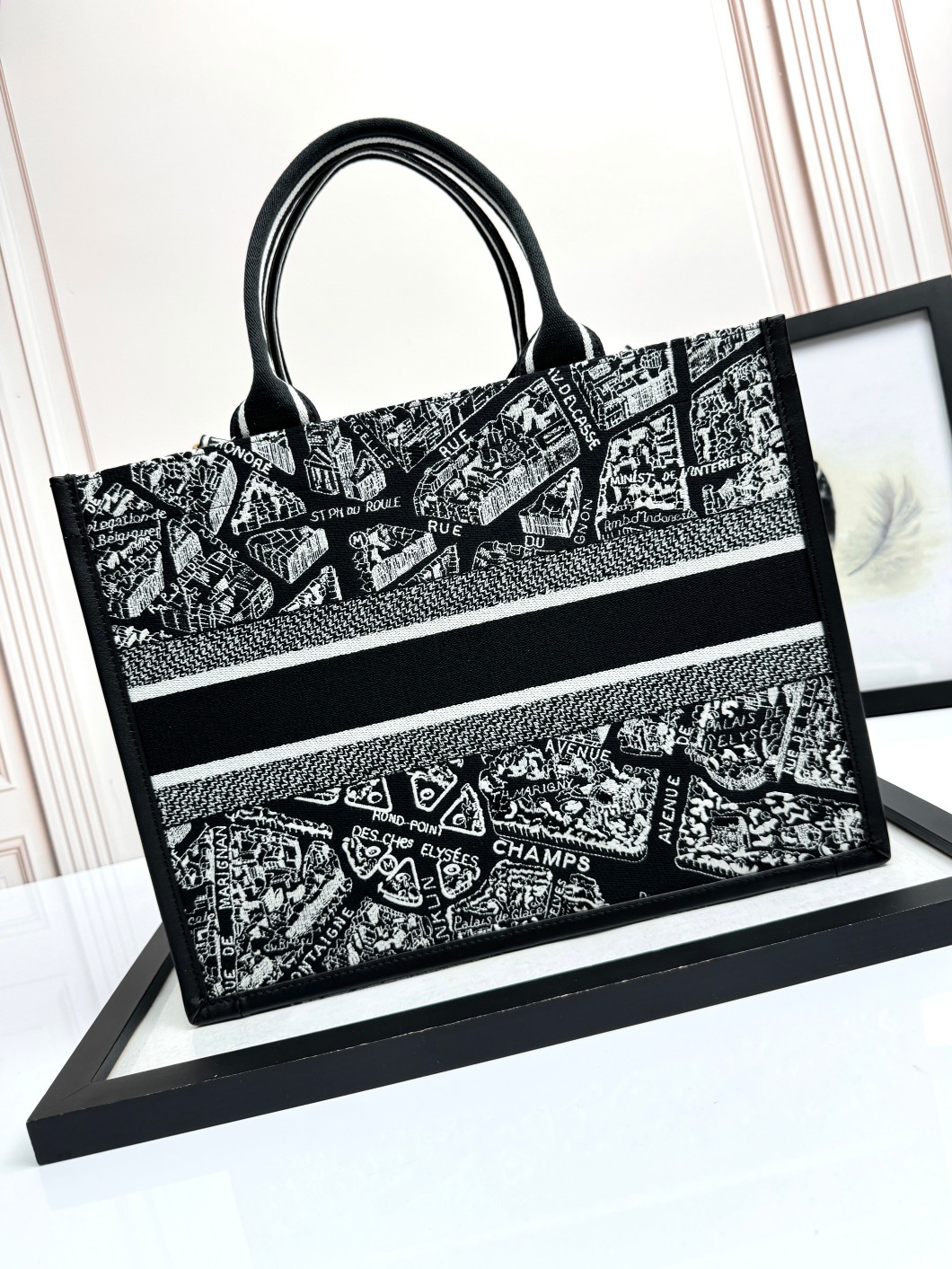 Medium Dior Book Tote Bag Black and White Plan de Paris Embroidery with Black Calfskin